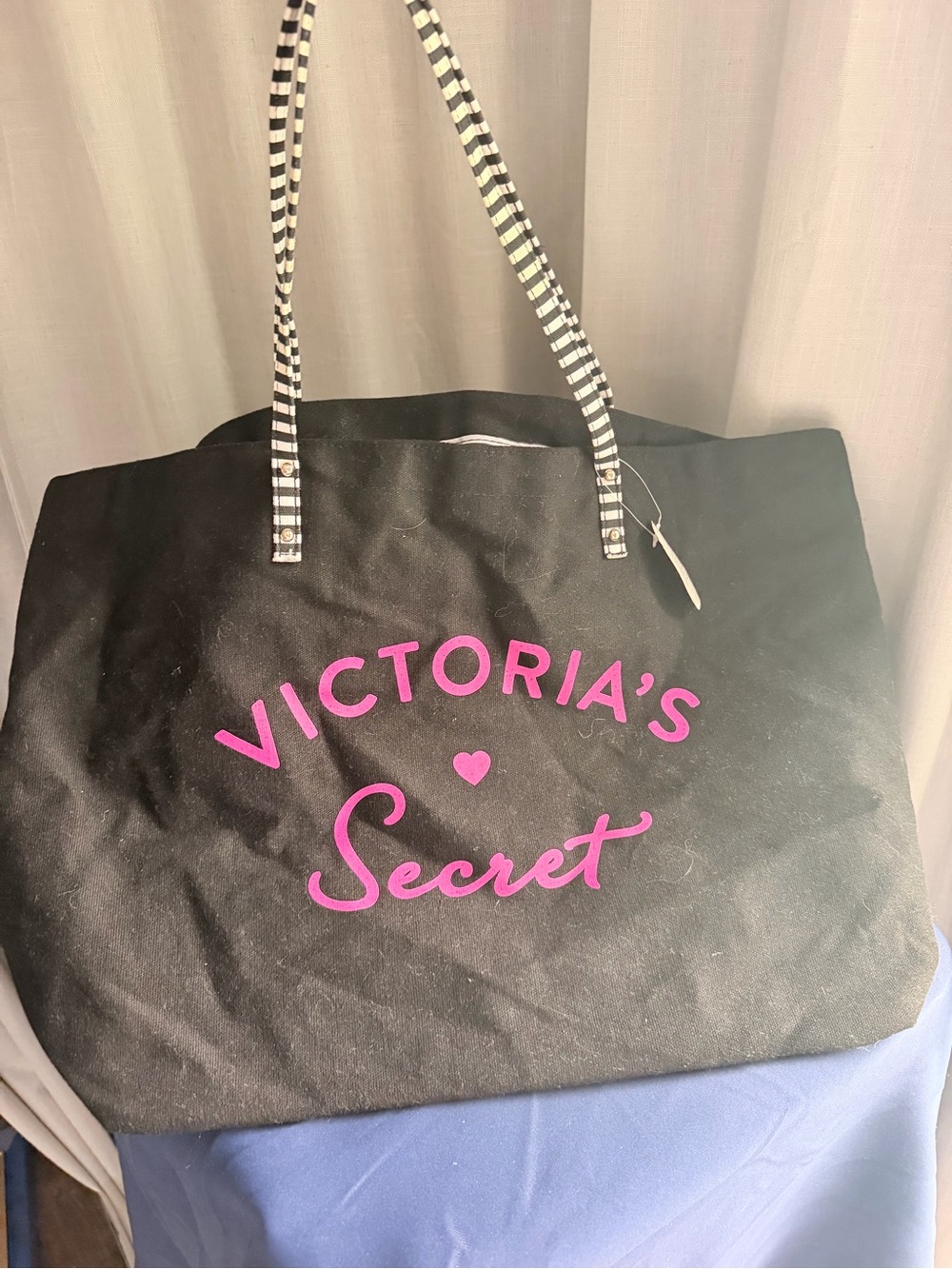 Victoria's Secret Black Tote with Hot Pink Logo and Striped Handles